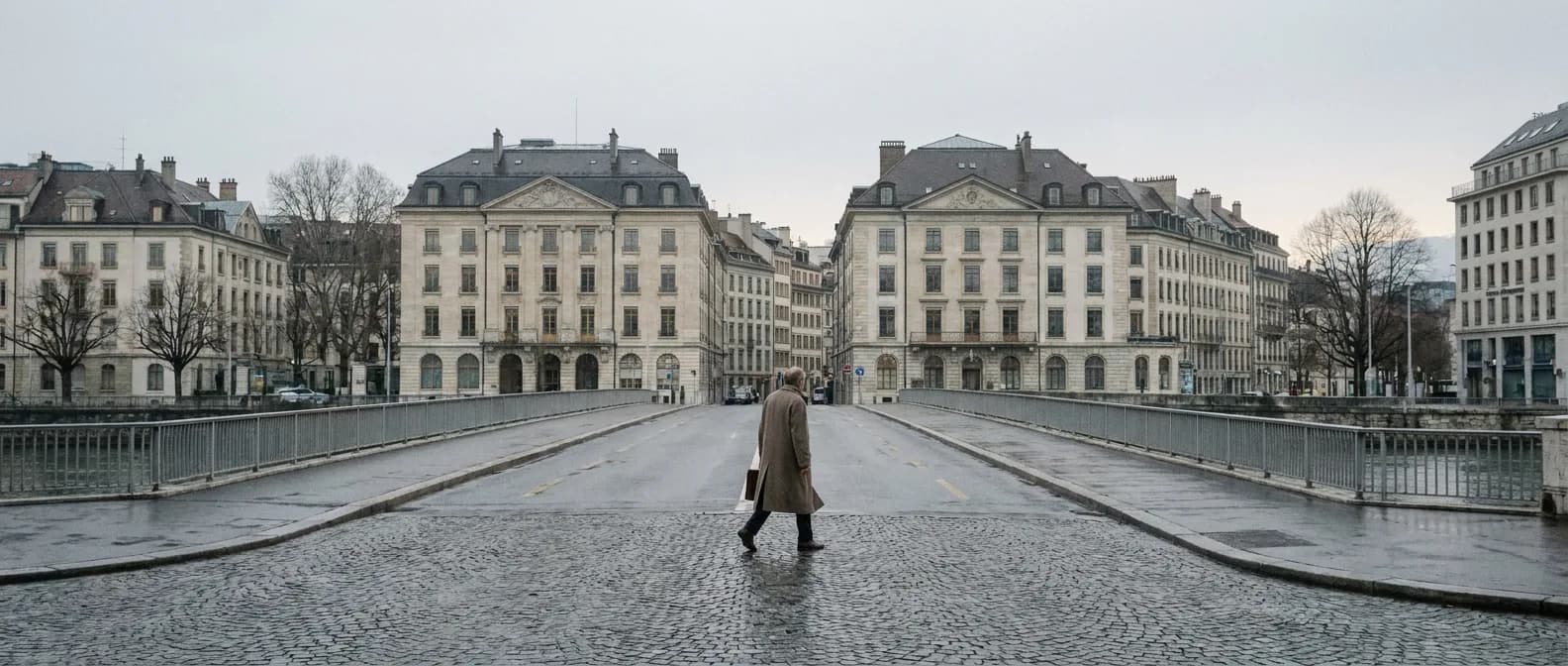 Geneva banking quarter at winter dawn — limestone façades along the Rive du Rhône with a lone figure in an overcoat crossing toward the private-bank district.