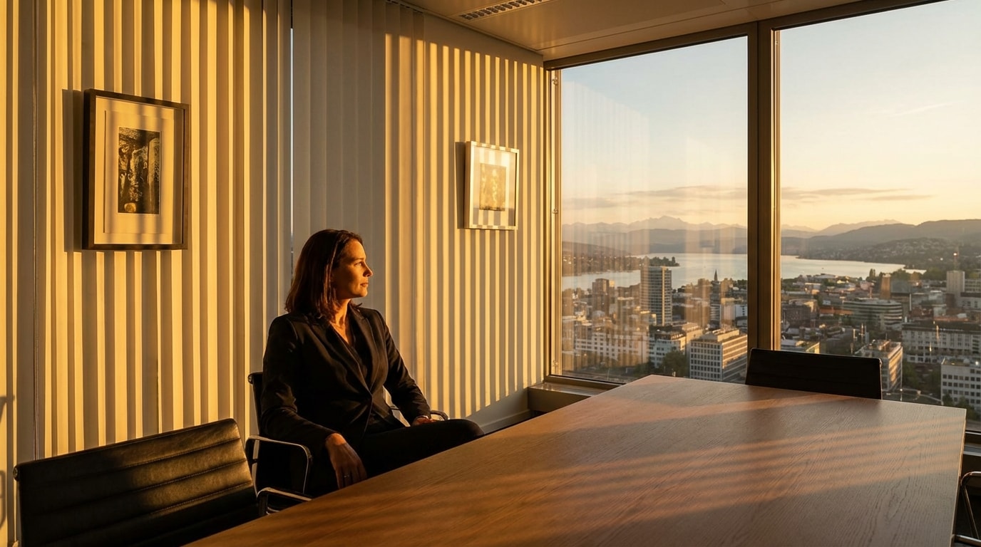 A professional seated at a work table, looking toward the lake and mountains at sunset.